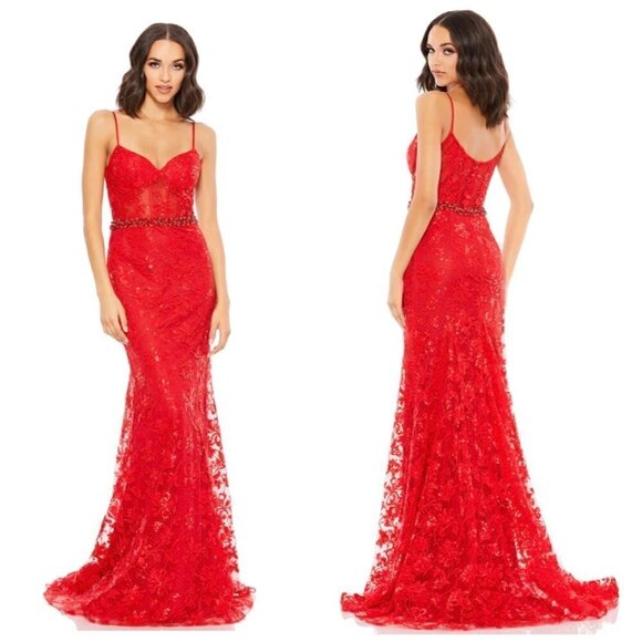 MAC DUGGAL Embroidered Illusion Bodice Sleeveless Trumpet Gown in Red Size US 4 - Picture 1 of 8